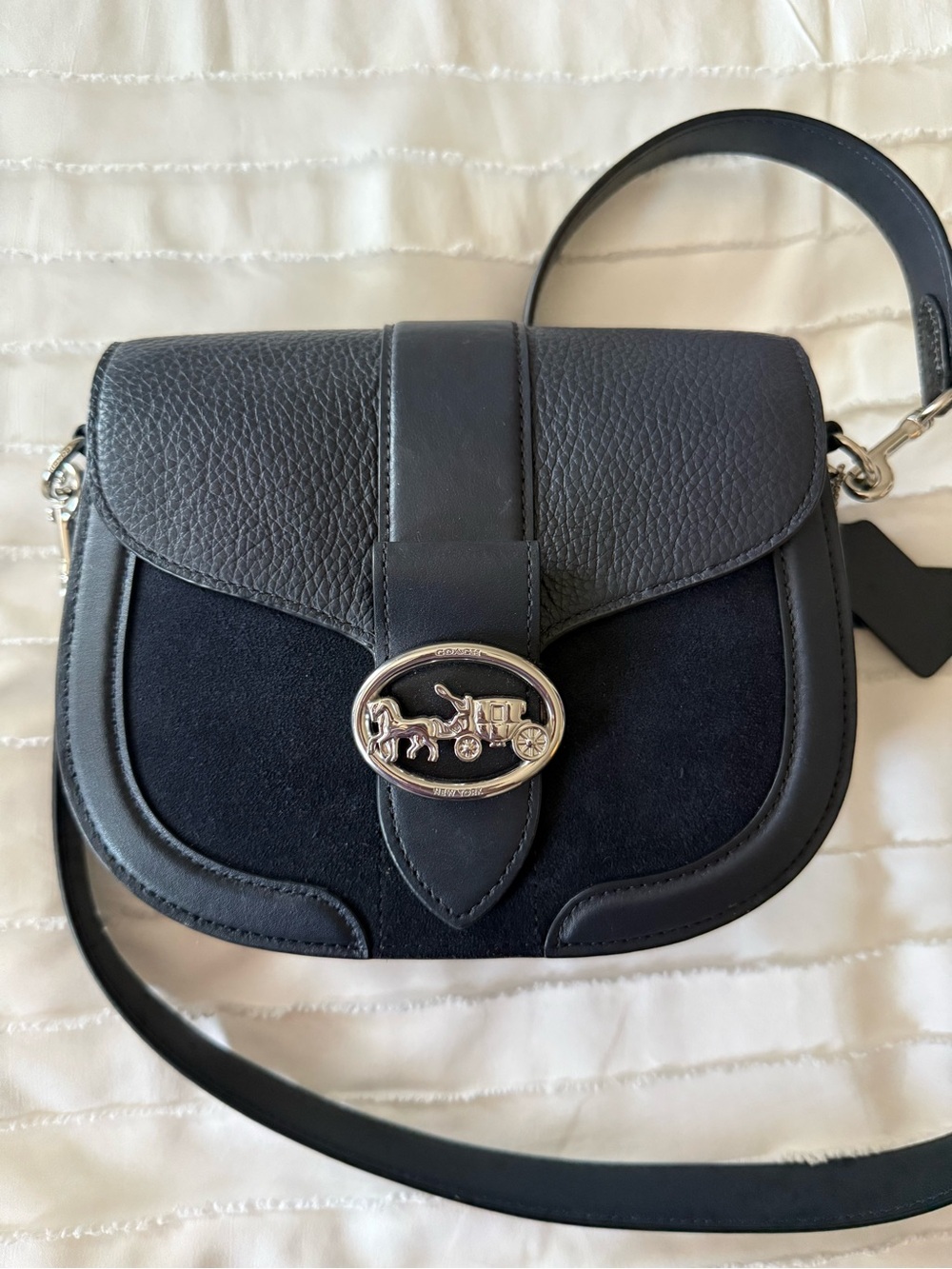 Coach Navy Leather & Suede Crossbody with Silver Carriage Emblem